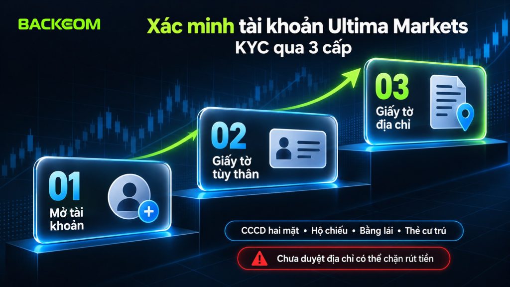 Xác minh tài khoản Ultima Markets qua 3 cấp: mở tài khoản, giấy tờ tùy thân như CCCD hai mặt hoặc hộ chiếu, giấy tờ địa chỉ; chưa duyệt địa chỉ có thể chặn rút tiền