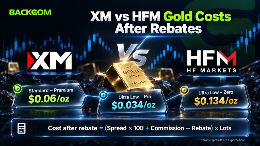 XM vs HFM gold costs after rebates: break-even spread gaps of $0.06/oz for Standard–Premium, $0.034/oz for Ultra Low–Pro and $0.134/oz for Ultra Low–Zero